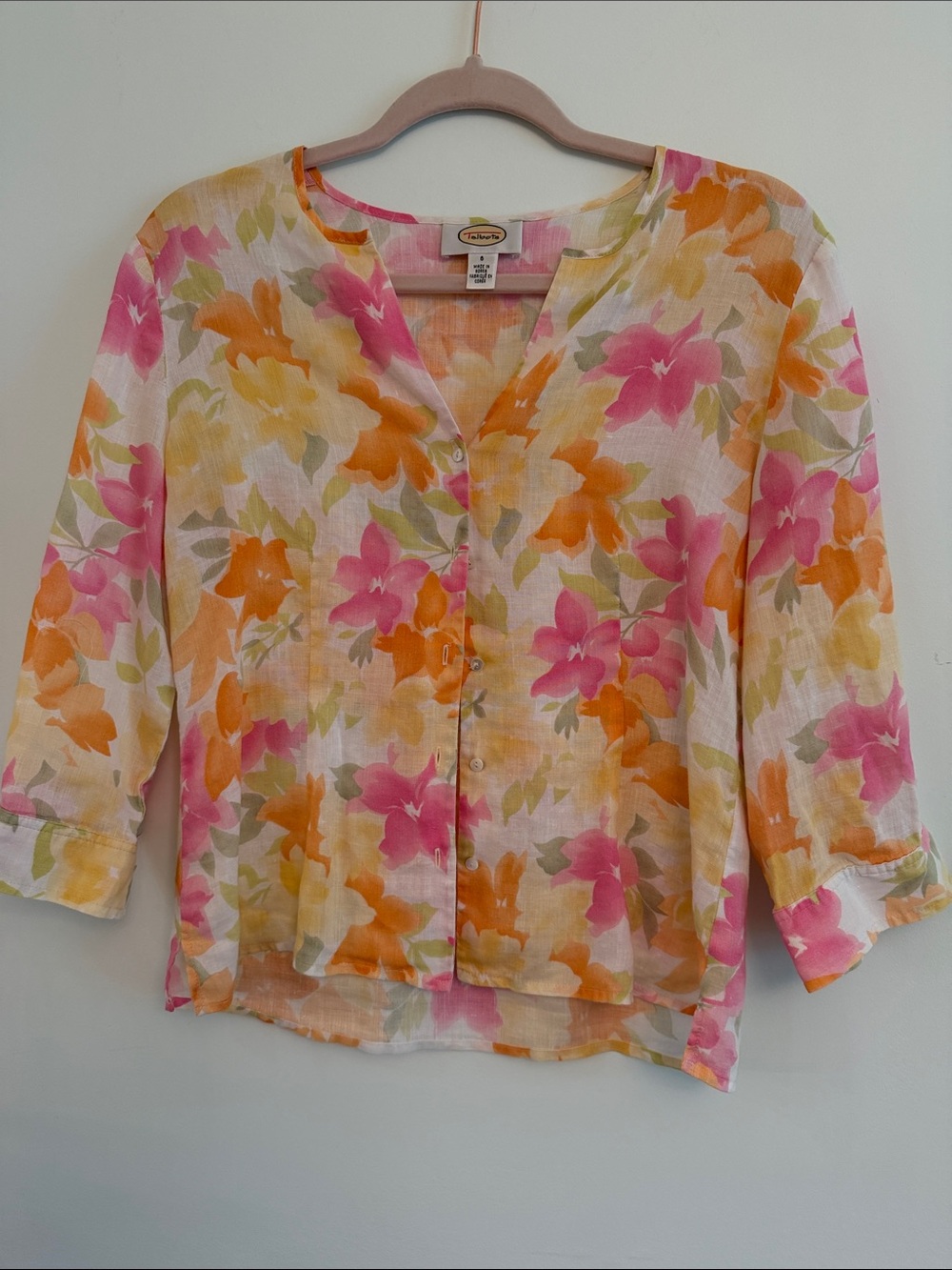 Talbots Pink, Orange & Yellow Floral Button-Front Linen Top
